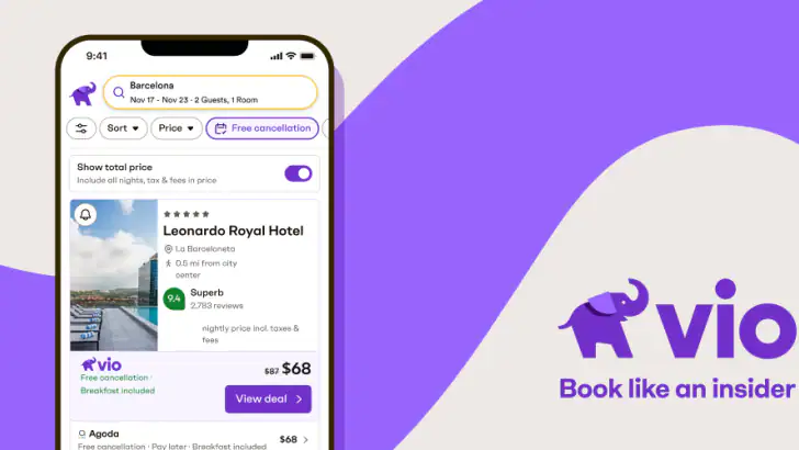 Vio: Hotels & travel deals feature graphic