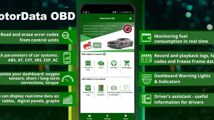 MotorData OBD2 ELM car scanner feature graphic