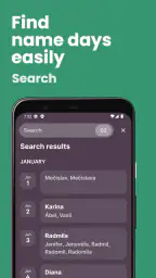 Name day calendar screenshot