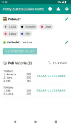 Yatzy pistetaulukko kortti screenshot
