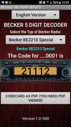 Becker 5Digit Radio Code screenshot