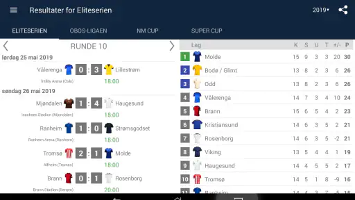 Resultater Eliteserien 2026 screenshot